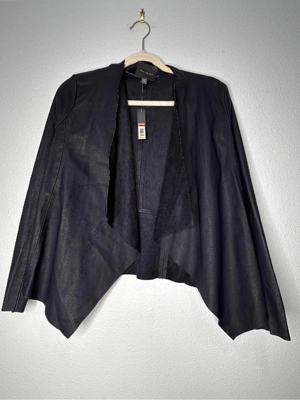 NWT The Limited navy Faux Leather Draped Waterfall Jacket Open gothic witchy XS